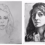 Twee zwart-wit zelfportretschetsen van kunstenaar Inna, met expressief lijnwerk en gedetailleerde gelaatstrekken. 1 is getekend met het linkerbrein en de ander van het rechterbrein, volgens de filosofie van Betty Edwards