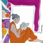 Tekening van een vrouw die zich verdiept in het boek tekenen met het rechterbrein kun je leren van Marianne Snoek